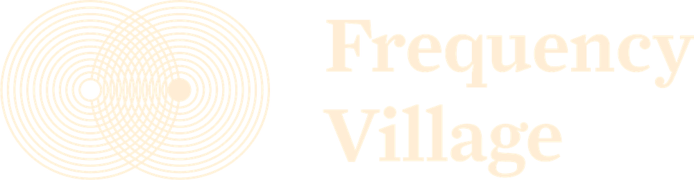 Frequency Village — two overlapping circular wave fields beside the wordmark, cream on deep purple.